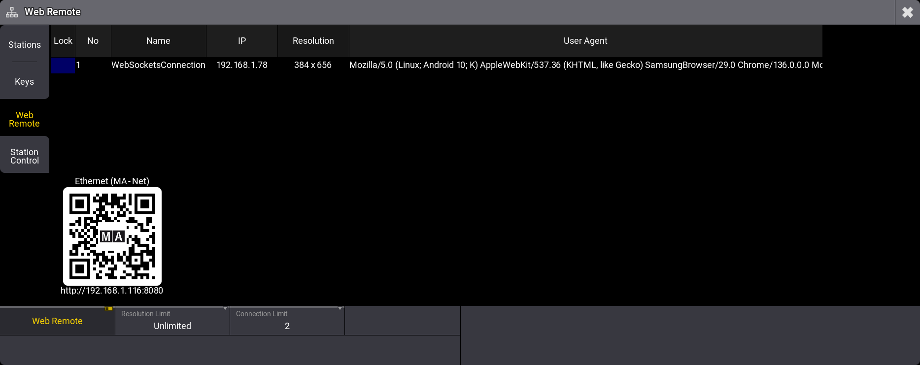 The image shows the Web Remote menu with a single connection.