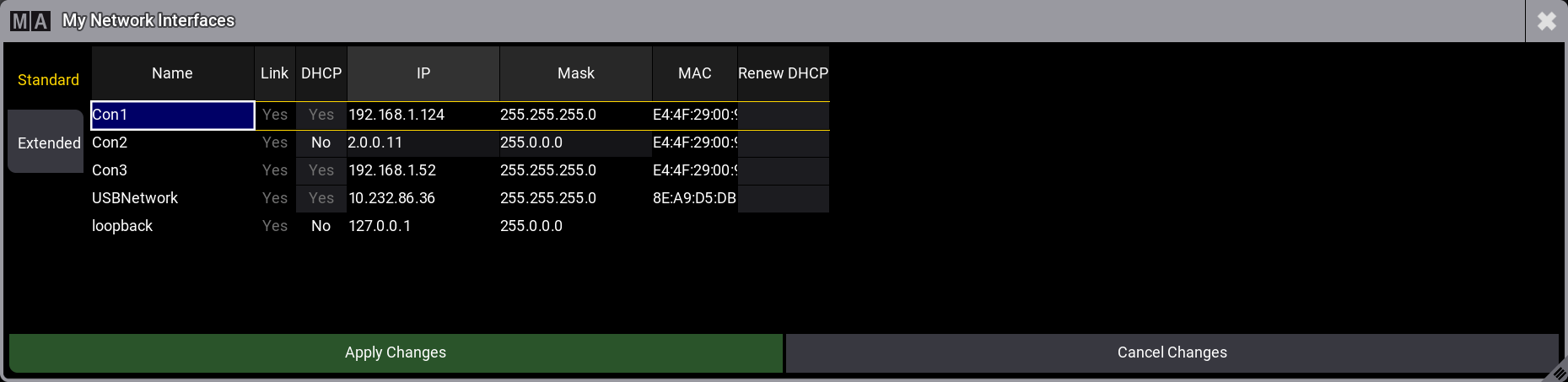 The image shows the standard tab of the My Network Interfaces pop-up.