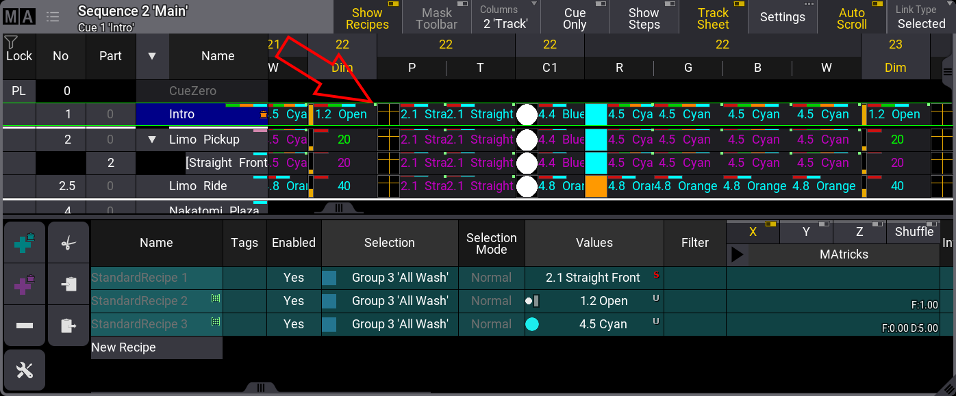 This example shows the green Recipe marker highlighted by a red arrow.